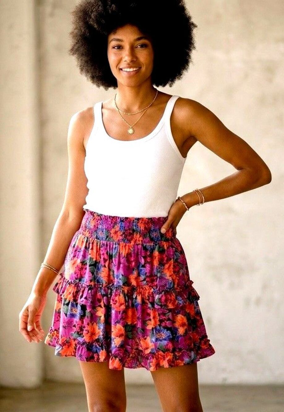 Floral Ruffled Mini Skirt Size M Smocked Waist Boho Tiered Lined THML